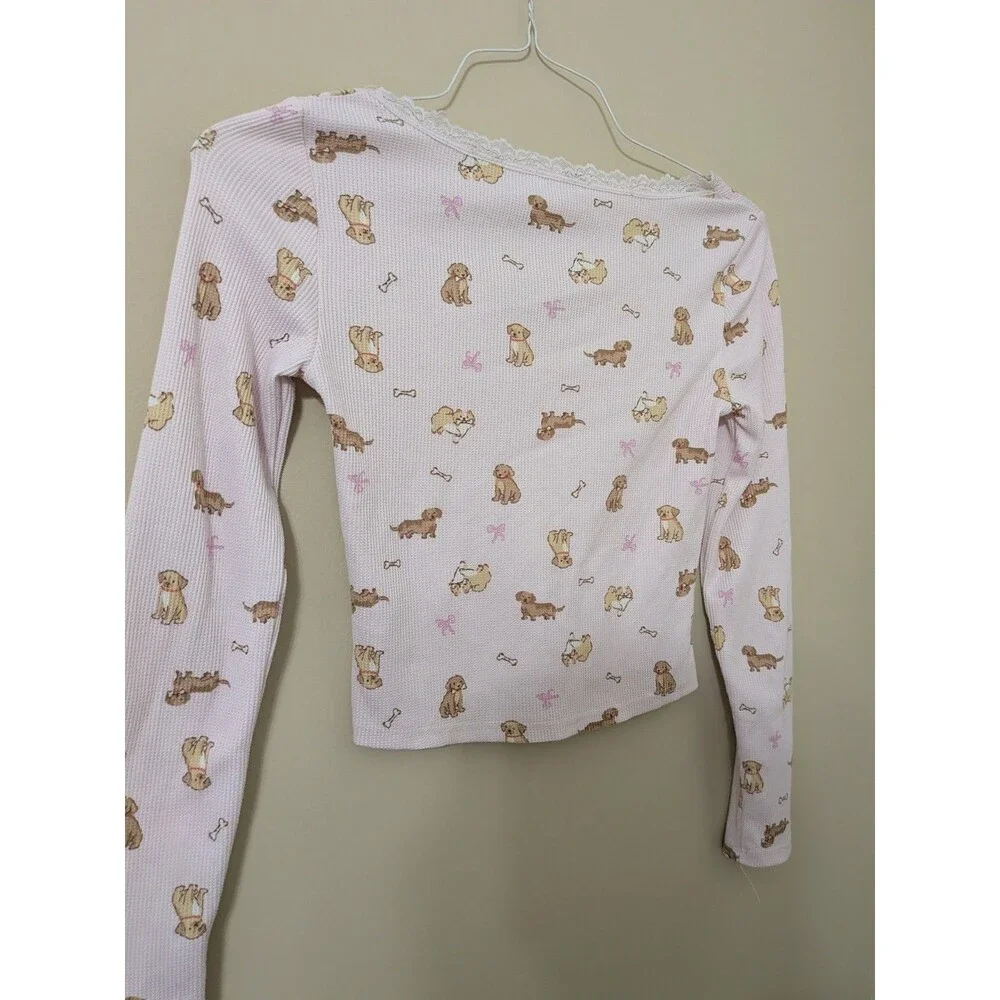 Pink Dog Print Pointelle Crop Top Lace Trim Girly Coquette Long Sleeve